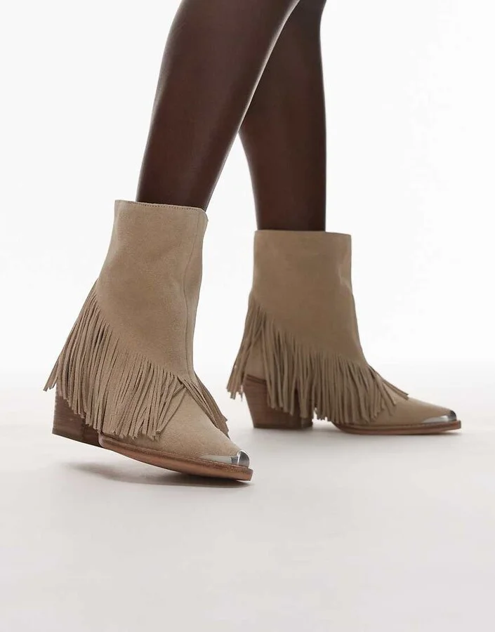 Bronx Jukeson tassel western ankle boots in suede oatmilk - Image 2
