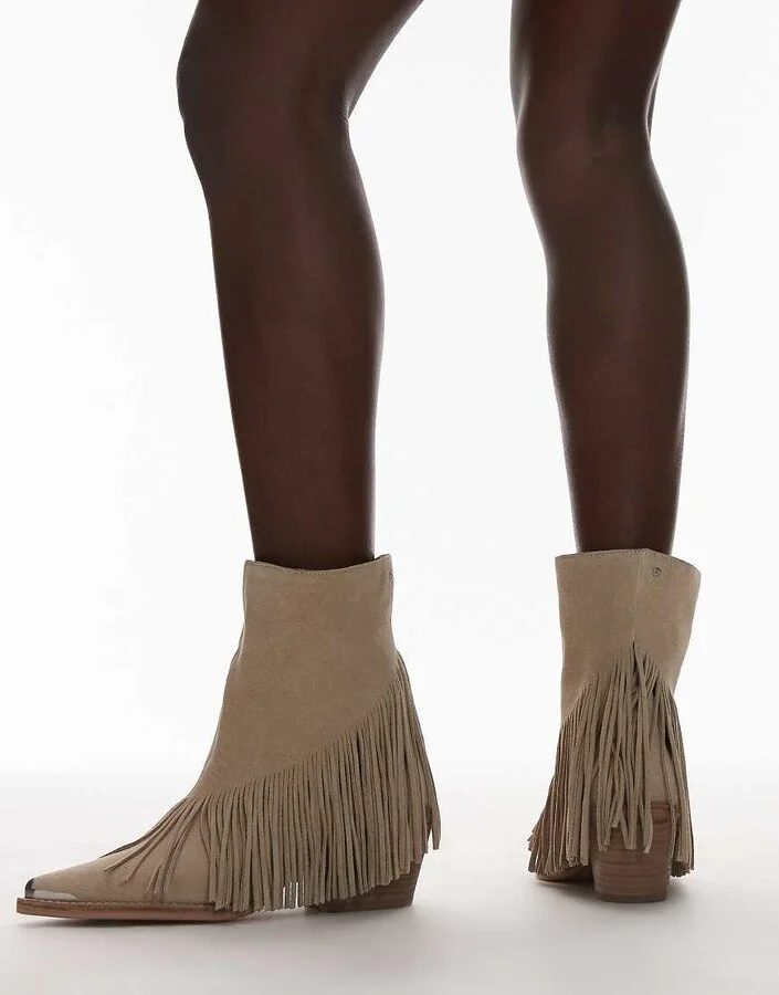 Bronx Jukeson tassel western ankle boots in suede oatmilk - Image 4