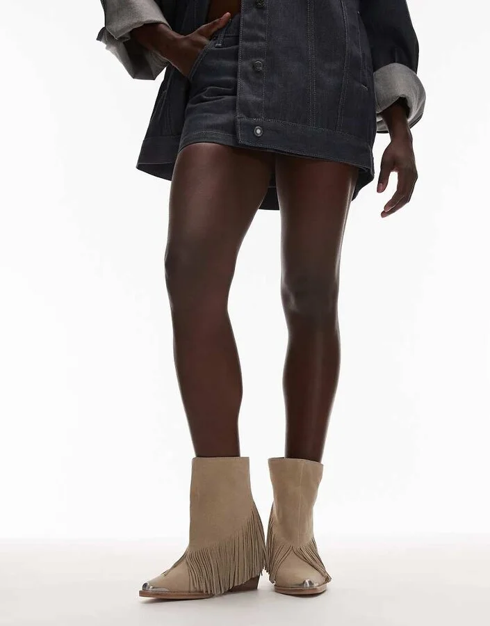 Bronx Jukeson tassel western ankle boots in suede oatmilk