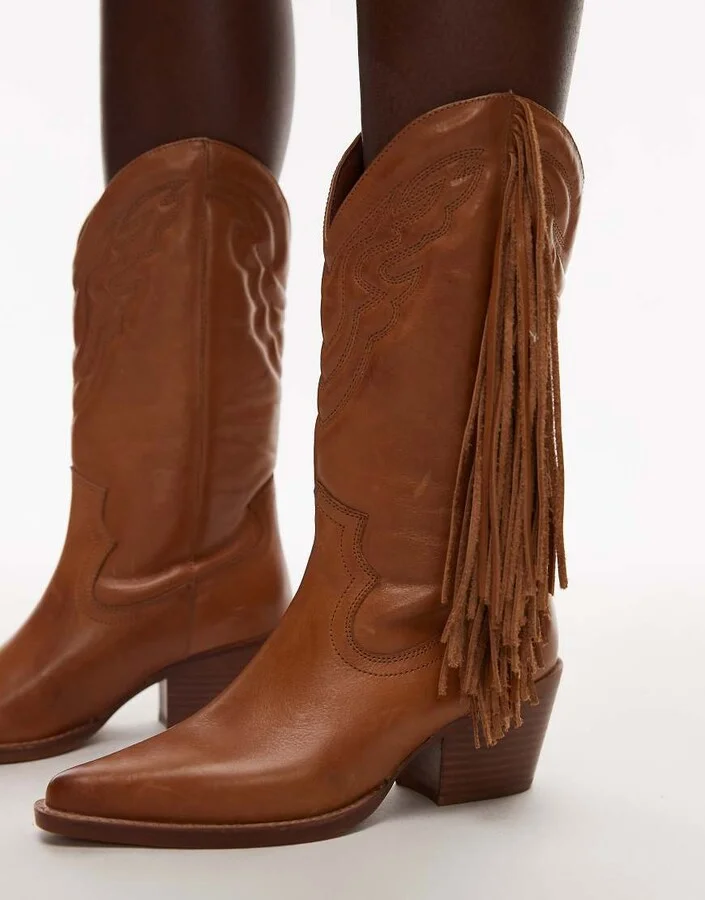 Bronx Jukeson tassel western knee boots in toffee smooth leather - Image 4
