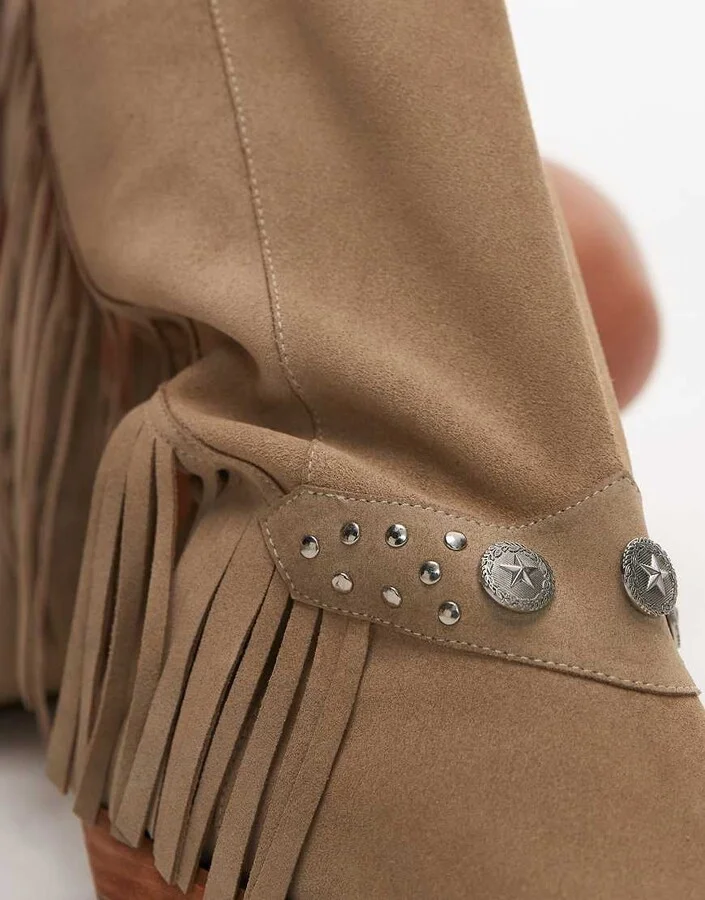 Bronx Kendr-a tassel western knee boots in oatmilk washed suede - Image 3