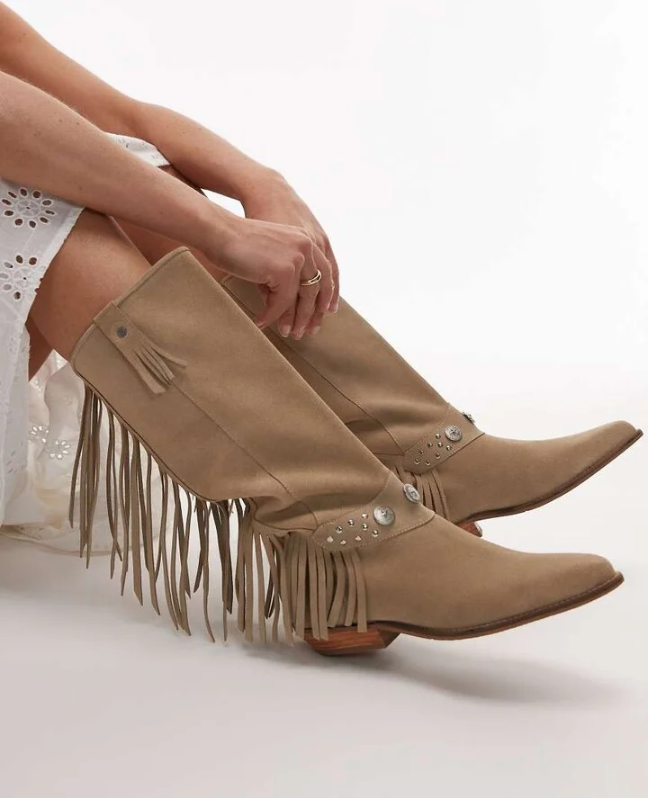 Bronx Kendr-a tassel western knee boots in oatmilk washed suede