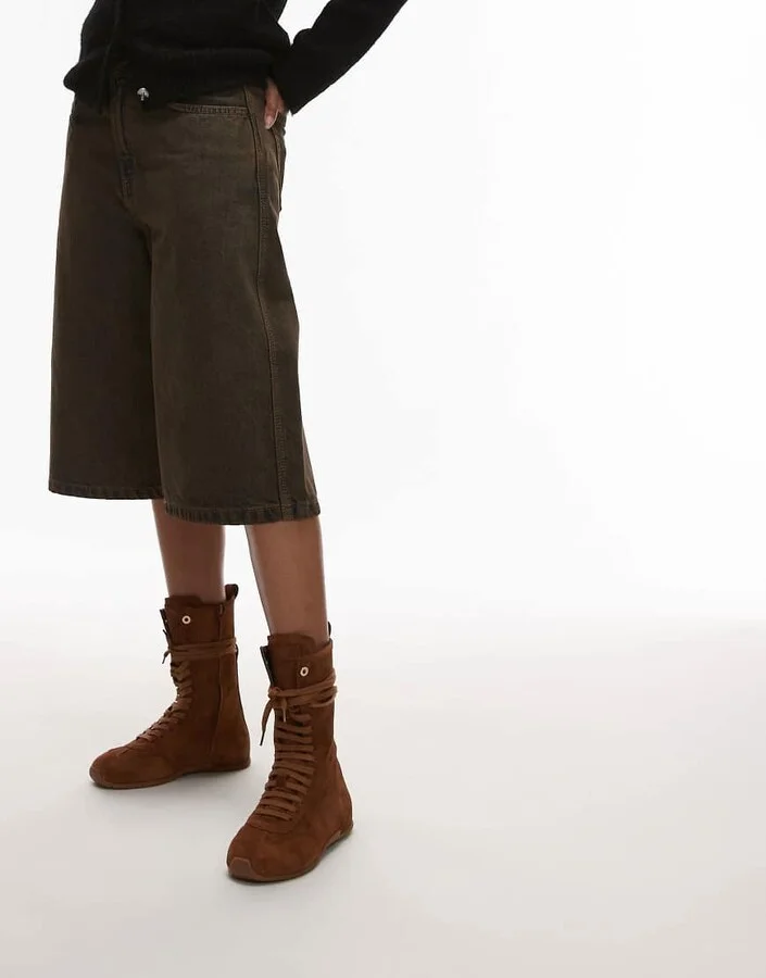 Bronx lace up boxing boot sneakers in suede tan - Image 3