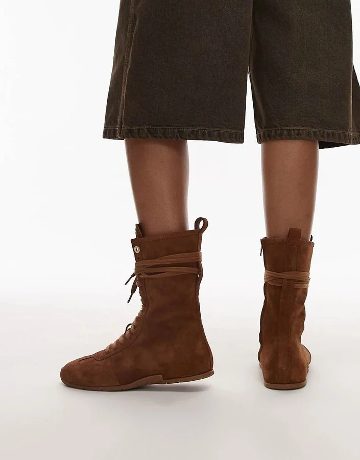 Bronx lace up boxing boot sneakers in suede tan - Image 4