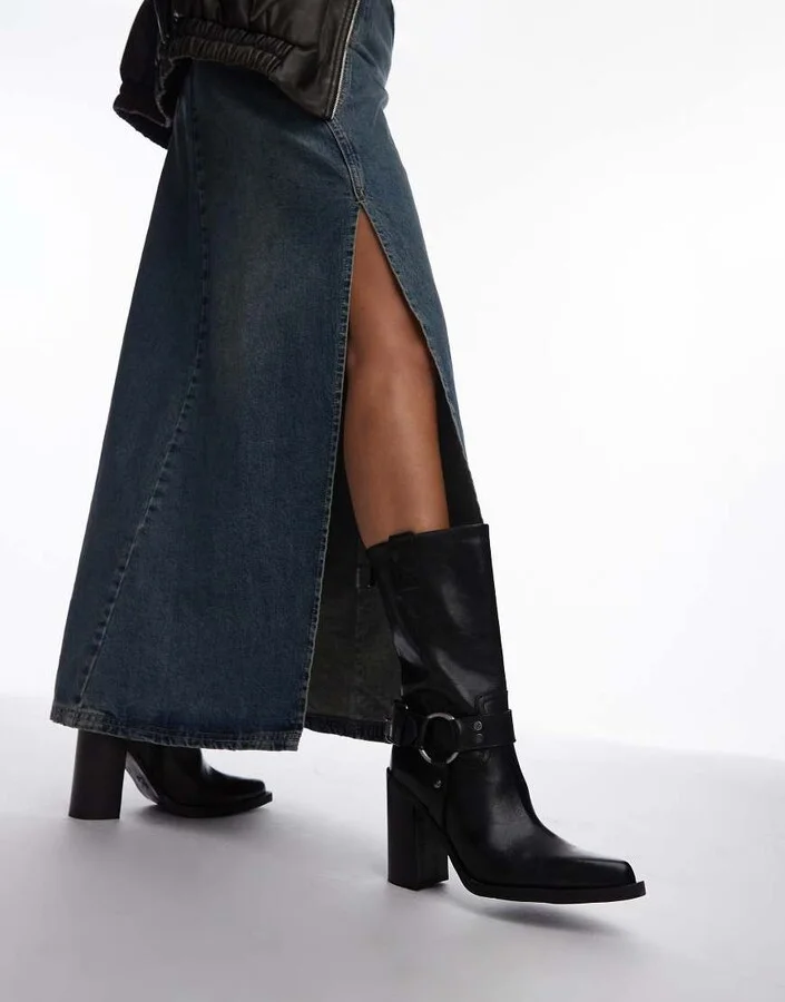 Bronx Mya Mae western heeled ankle boots in black brushed leather