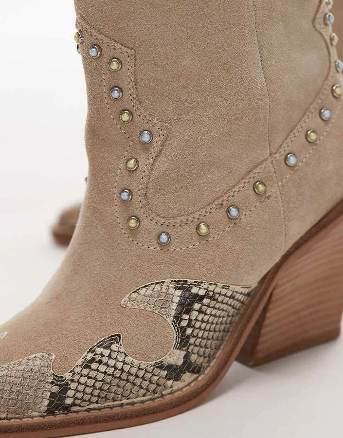 Bronx New-kole beaded western knee boots in oatmilk and snake suede - Image 2
