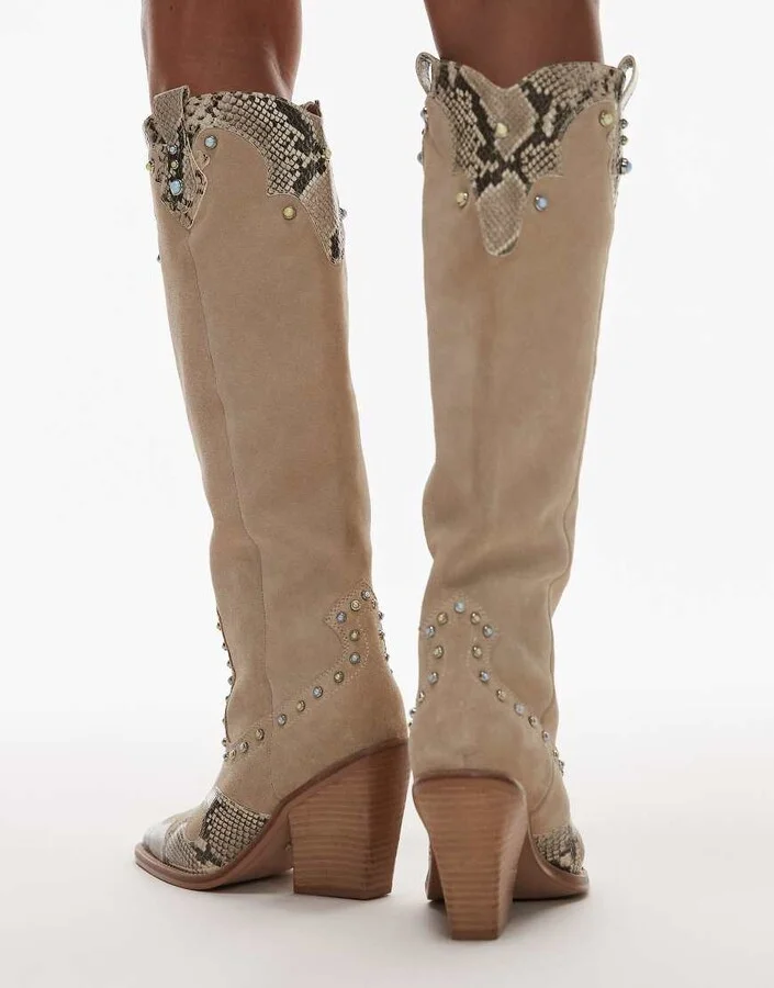 Bronx New-kole beaded western knee boots in oatmilk and snake suede - Image 3