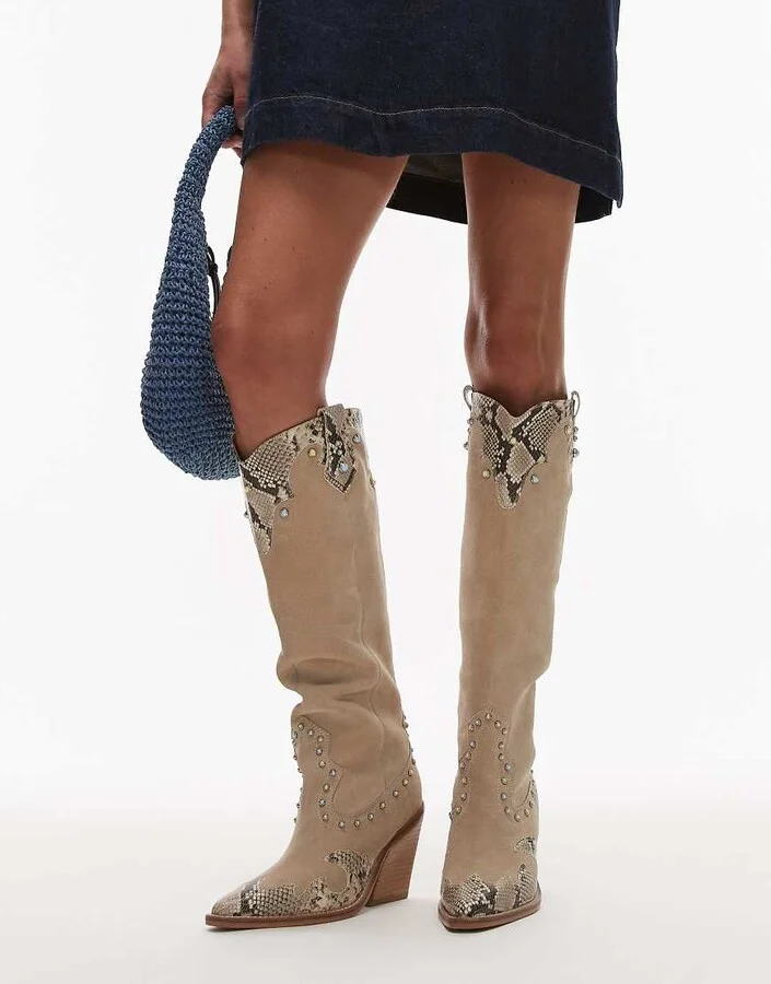 Bronx New-kole beaded western knee boots in oatmilk and snake suede - Image 4