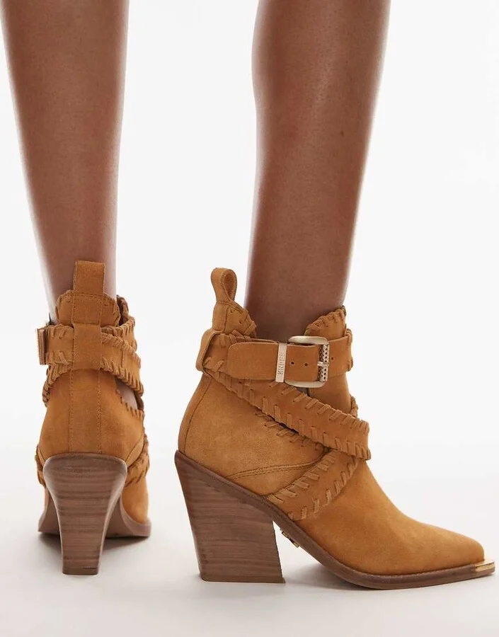 Bronx New-kole buckle western ankle boots in toffee suede - Image 4