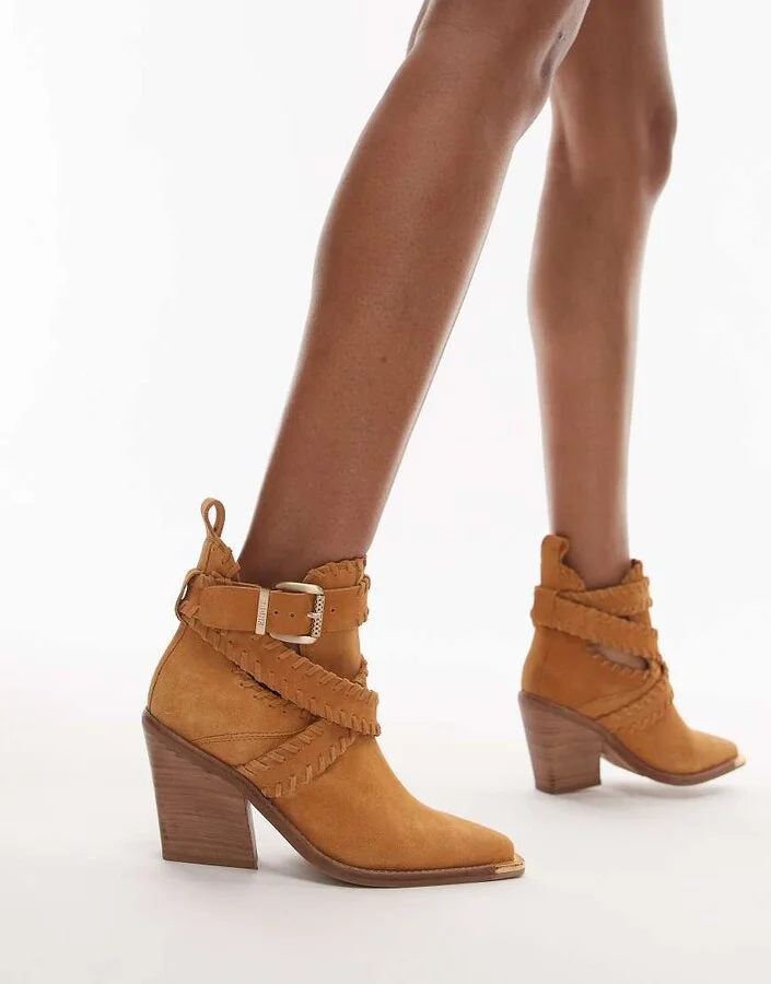 Bronx New-kole buckle western ankle boots in toffee suede