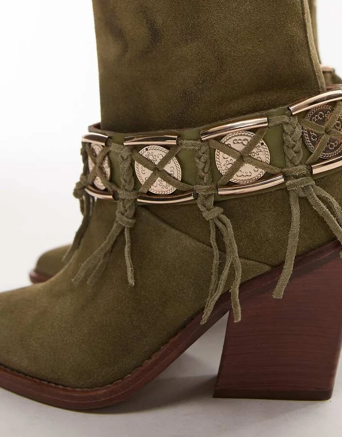 Bronx New-kole fringe western ankle boots in khaki green suede - Image 2