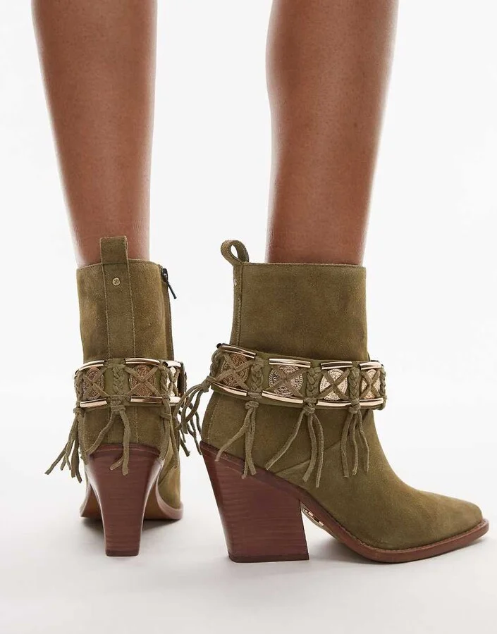 Bronx New-kole fringe western ankle boots in khaki green suede - Image 3
