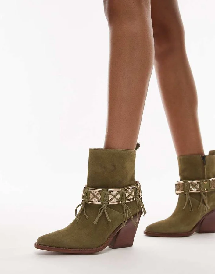 Bronx New-kole fringe western ankle boots in khaki green suede