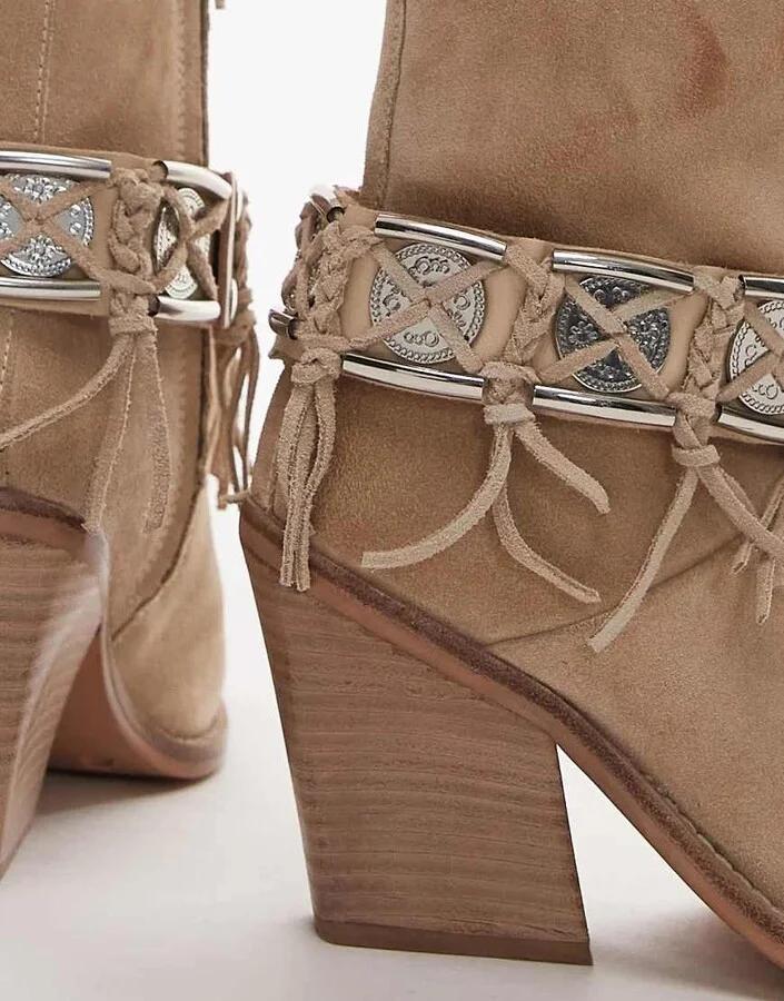 Bronx New-kole fringe western ankle boots in oatmilk suede - Image 2