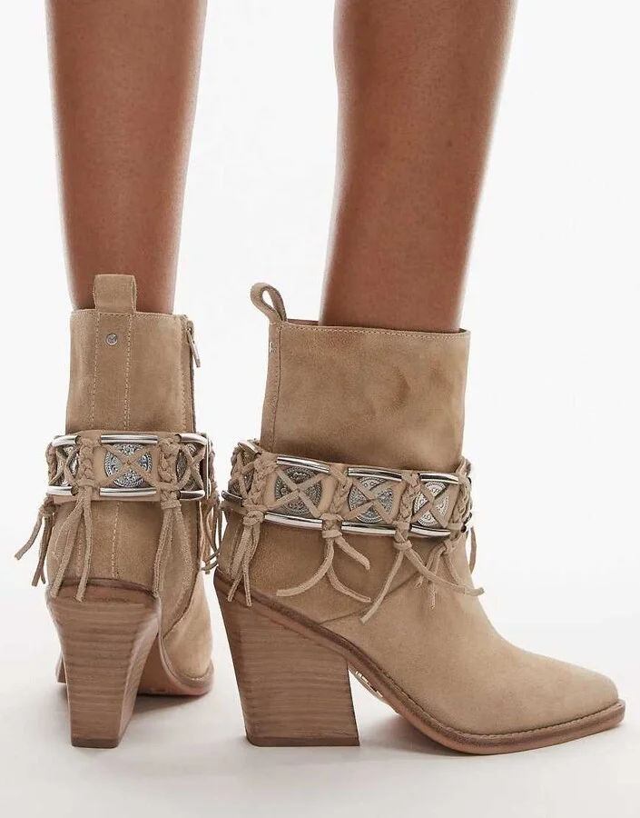 Bronx New-kole fringe western ankle boots in oatmilk suede - Image 3