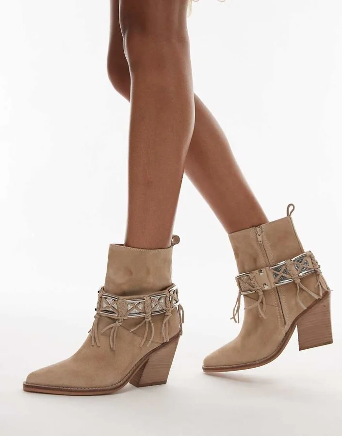 Bronx New-kole fringe western ankle boots in oatmilk suede
