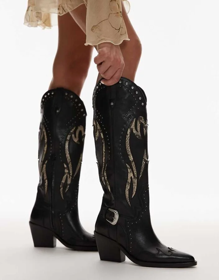 Bronx Next-low-kole buckle western knee boots in black and snake leather - Image 2