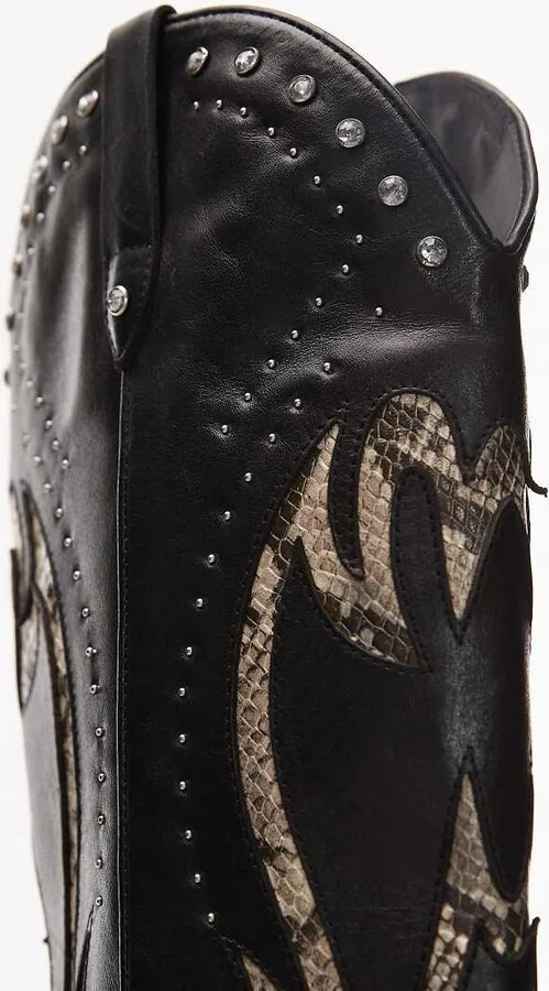 Bronx Next-low-kole buckle western knee boots in black and snake leather - Image 3