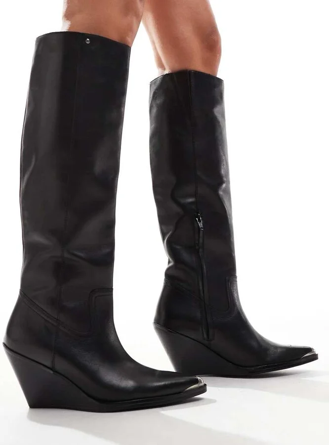 Bronx Xyla western wedge knee boots in black leather - Image 2