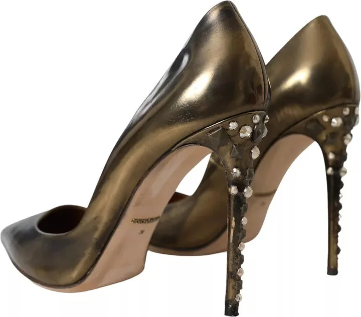 Bronze Leather Embellished Heels Pumps Women's Shoes (Pre-Owned) - Image 6