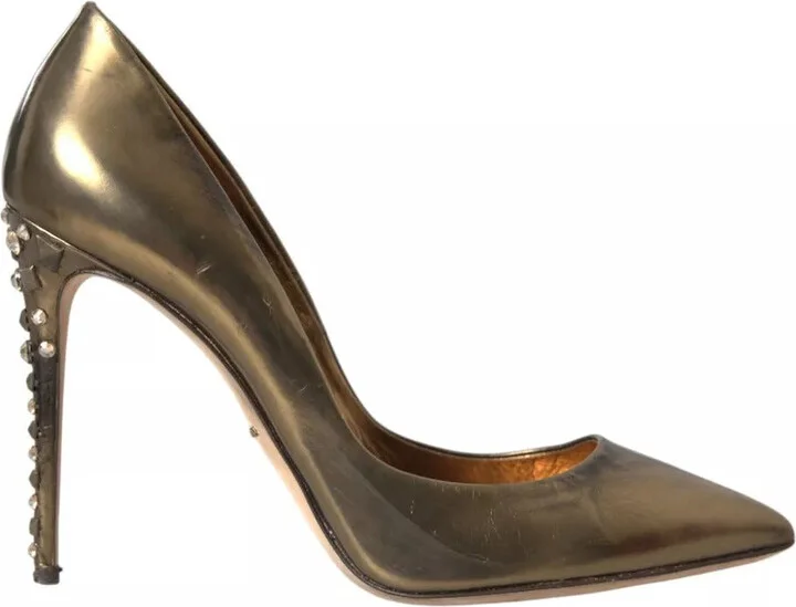 Bronze Leather Embellished Heels Pumps Women's Shoes (Pre-Owned)