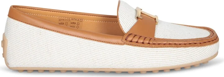 Brown And White Fabric And Leather Loafer