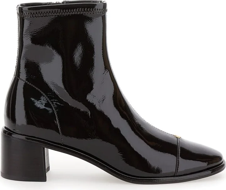 Brown Ankle Boots With Logo Plate In Patent Leather Woman