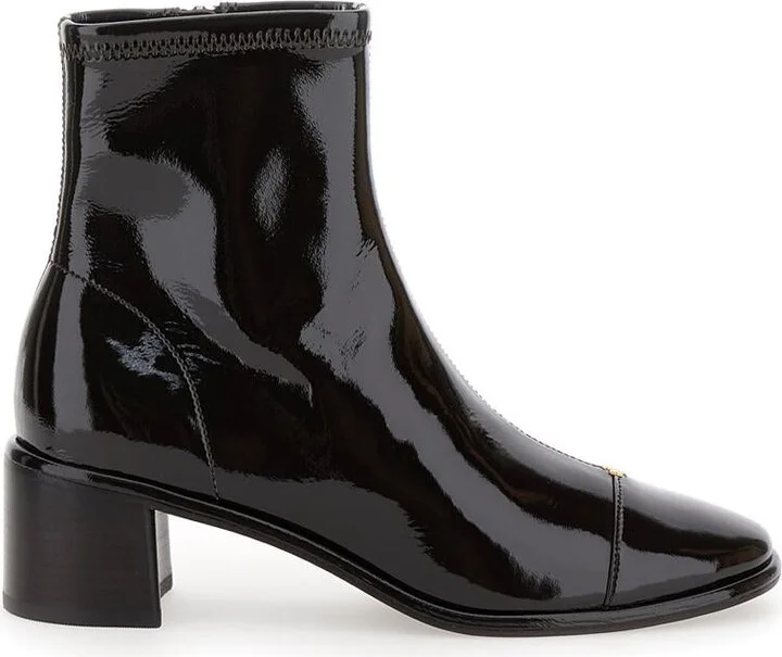 Brown Ankle Boots With Logo Plate In Patent Leather Woman