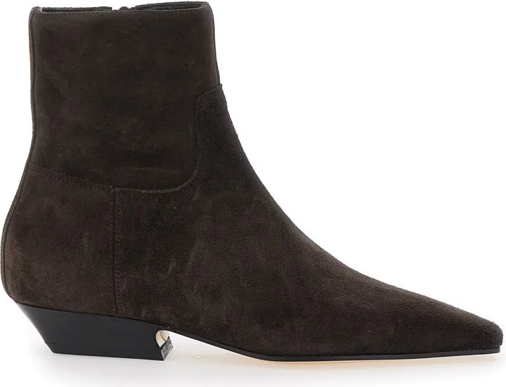 Brown Ankle Boots With Pointed Toe And Low Heel In Suede Woman
