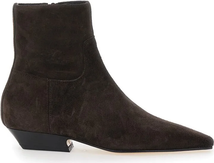 Brown Ankle Boots With Pointed Toe And Low Heel In Suede Woman