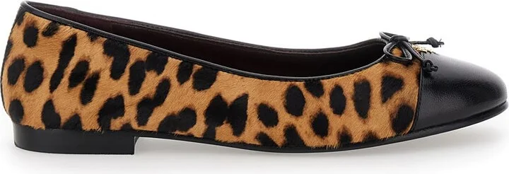 Brown Ballet Shoes With Cap Toe And Leopard Print In Leather Woman