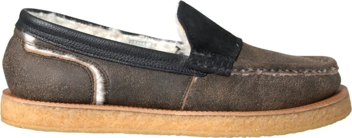 Brown Black Fur Leather Loafers Men Men's Shoes