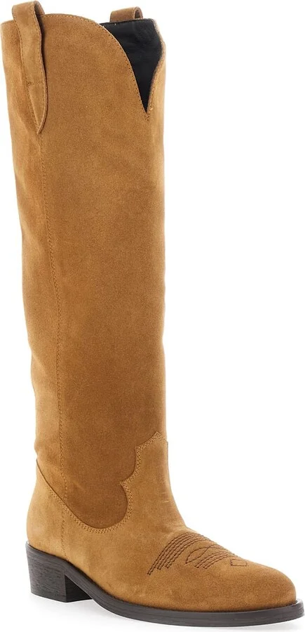 Brown Boots With Almond Toe And Low Block Heel In Suede Woman - Image 2