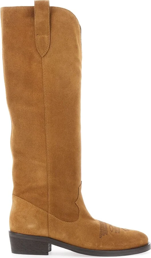 Brown Boots With Almond Toe And Low Block Heel In Suede Woman