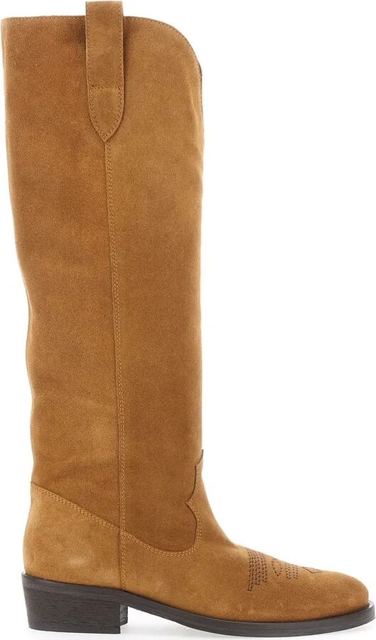 Brown Boots With Almond Toe And Low Block Heel In Suede Woman