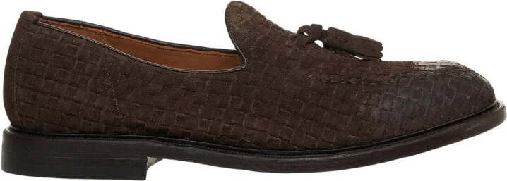 Brown Braided Suede Loafers With Fringe Detail