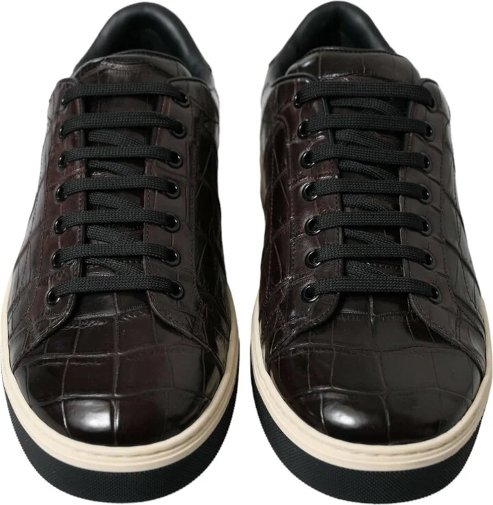Brown Croc Exotic Leather Men Casual Sneakers Men's Shoes - Image 2