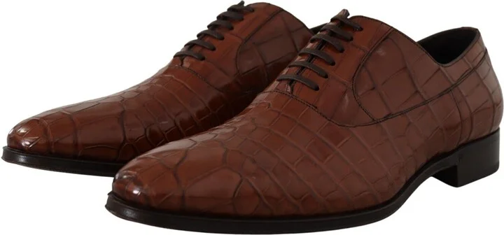 Brown Crocodile Leather Mens Formal Derby Men's Shoes - Image 3
