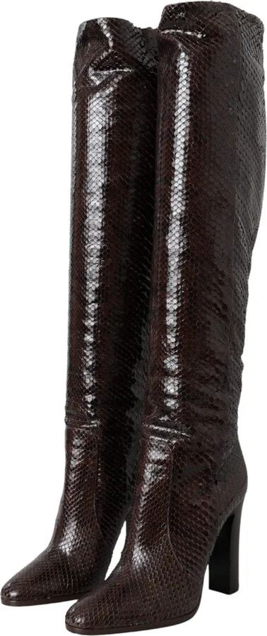Brown Exotic Leather Heels High Boots Women's Shoes - Image 3