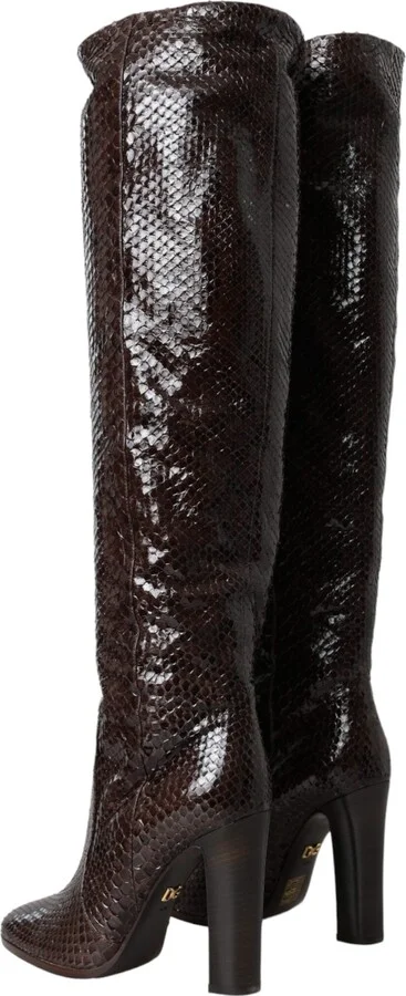 Brown Exotic Leather Heels High Boots Women's Shoes - Image 4