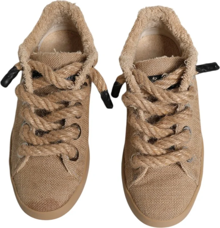 Brown Jute Fabric Low Top Men Sneakers Men's Shoes - Image 3