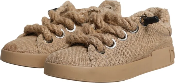 Brown Jute Fabric Low Top Men Sneakers Men's Shoes - Image 4