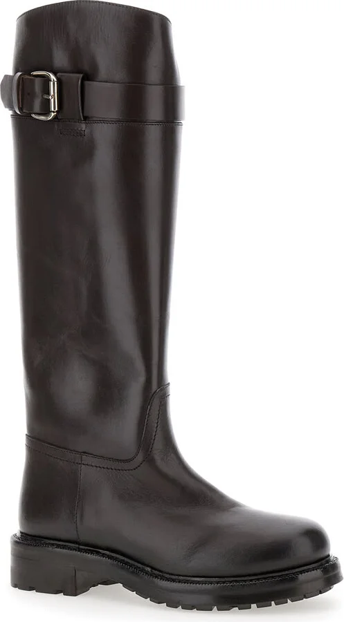 Brown Knee-high Boots With Buckle In Leather Woman - Image 2
