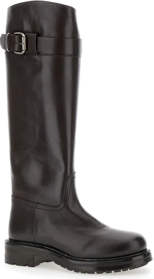 Brown Knee-High Boots With Buckle In Leather Woman - Image 2