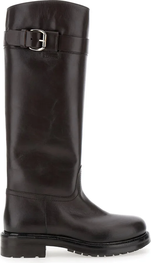 Brown Knee-high Boots With Buckle In Leather Woman