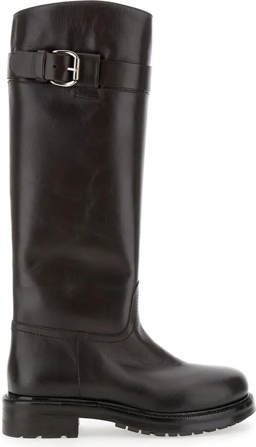Brown Knee-High Boots With Buckle In Leather Woman