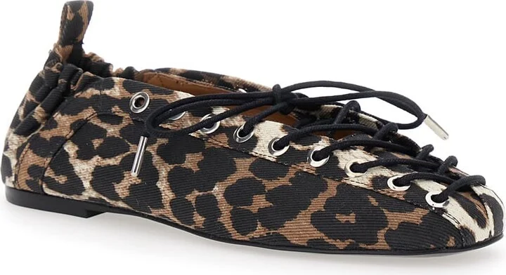 Brown Lace-up Ballerinas With Metal Eyelets And All-over Print In Fabric Woman - Image 2