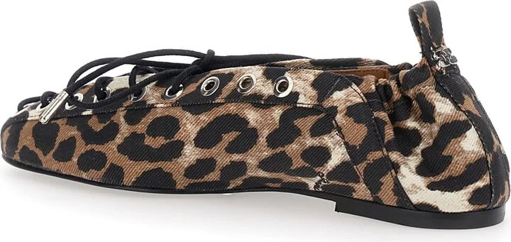 Brown Lace-up Ballerinas With Metal Eyelets And All-over Print In Fabric Woman - Image 3