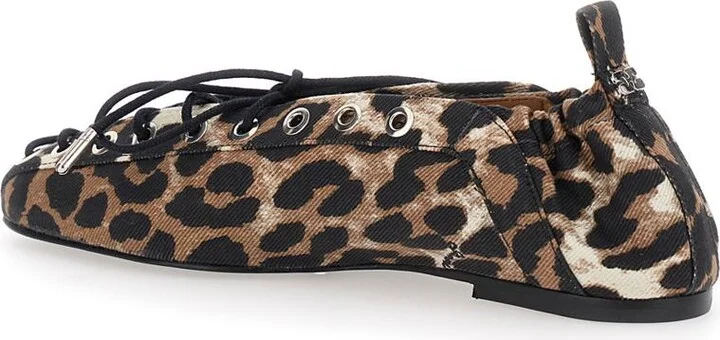 Brown Lace-Up Ballerinas With Metal Eyelets And All-Over Print In Fabric Woman - Image 3