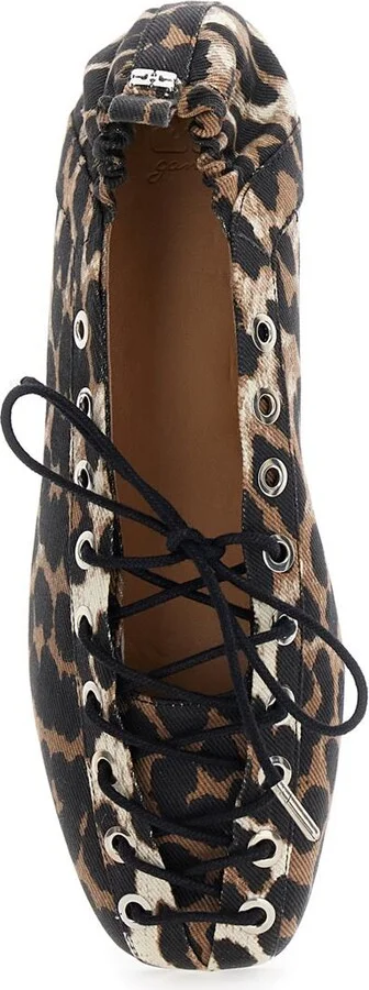 Brown Lace-Up Ballerinas With Metal Eyelets And All-Over Print In Fabric Woman - Image 4